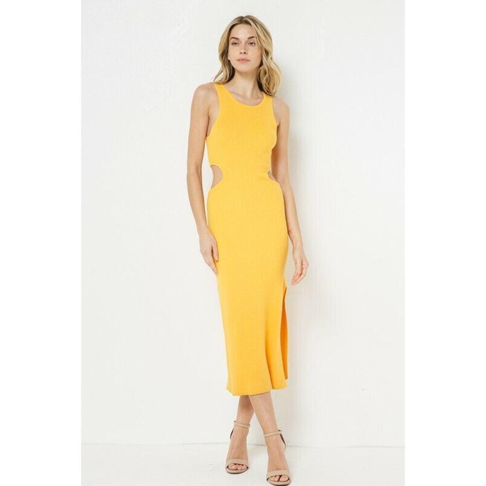 FORE Women's Ribbed Knit Cutout Midi Dress Yellow | Sleeveless Summer Dress